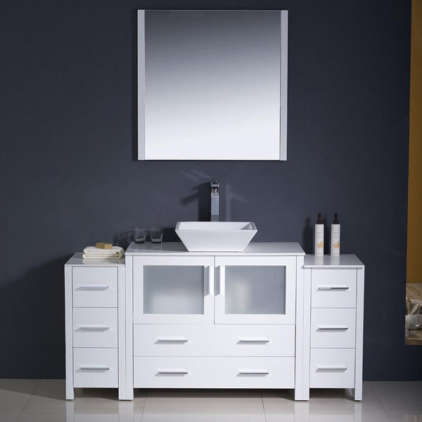 Fresca Torino 60" White Modern Bathroom Vanity w/ 2 Side Cabinets & Vessel Sink - Luxe Bathroom Vanities