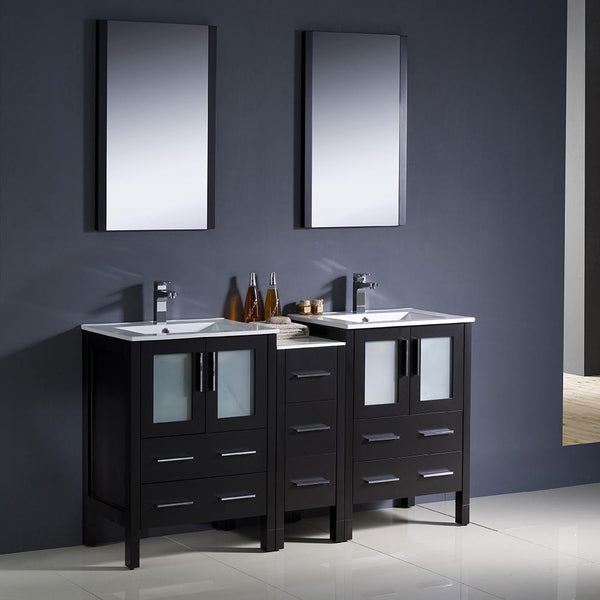 Fresca Torino 60" Espresso Modern Double Sink Bathroom Vanity w/ Side Cabinet & Integrated Sinks - Luxe Bathroom Vanities
