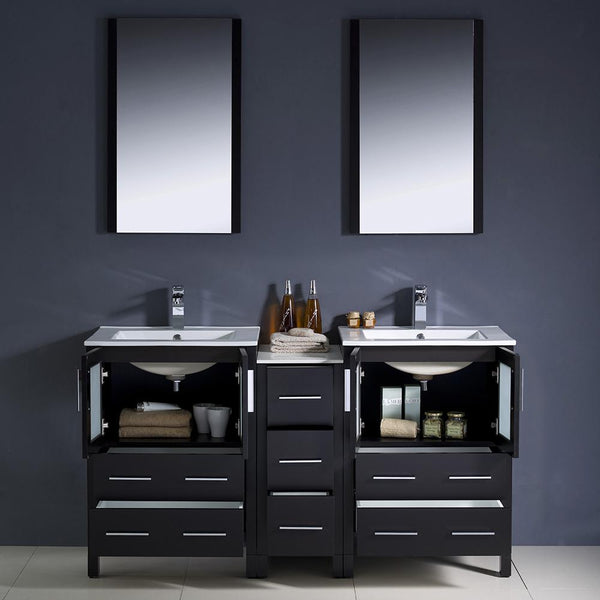 Fresca Torino 60" Espresso Modern Double Sink Bathroom Vanity w/ Side Cabinet & Integrated Sinks - Luxe Bathroom Vanities