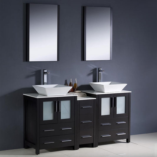 Fresca Torino 60" Espresso Modern Double Sink Bathroom Vanity w/ Side Cabinet & Vessel Sinks - Luxe Bathroom Vanities