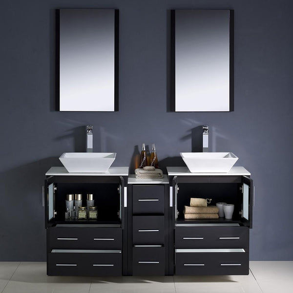 Fresca Torino 60" Espresso Modern Double Sink Bathroom Vanity w/ Side Cabinet & Vessel Sinks - Luxe Bathroom Vanities