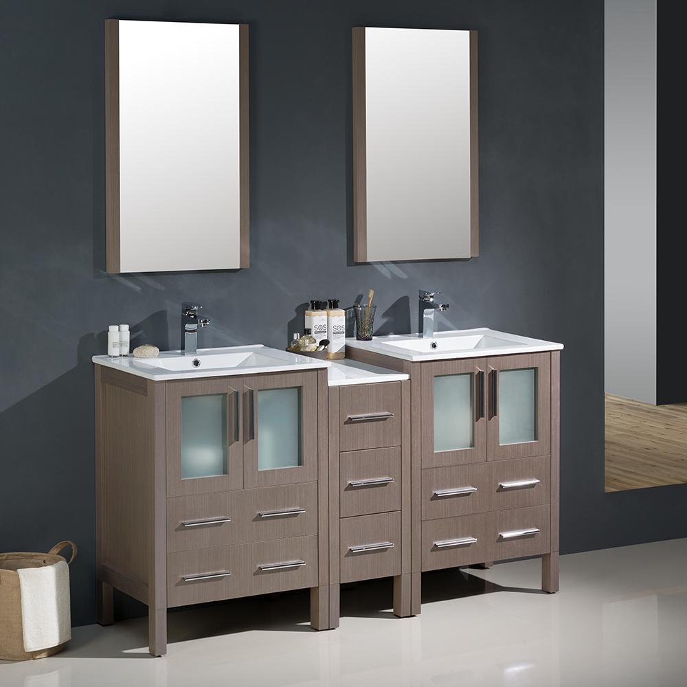 Fresca Torino 60" Gray Oak Modern Double Sink Bathroom Vanity w/ Side Cabinet & Integrated Sinks - Luxe Bathroom Vanities