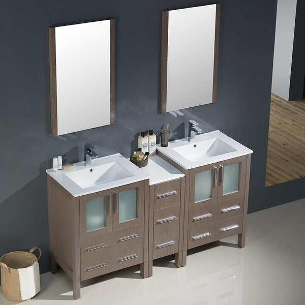 Fresca Torino 60" Gray Oak Modern Double Sink Bathroom Vanity w/ Side Cabinet & Integrated Sinks - Luxe Bathroom Vanities