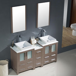 Fresca Torino 60" Gray Oak Modern Double Sink Bathroom Vanity w/ Side Cabinet & Vessel Sinks - Luxe Bathroom Vanities