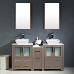 Fresca Torino 60" Gray Oak Modern Double Sink Bathroom Vanity w/ Side Cabinet & Vessel Sinks - Luxe Bathroom Vanities