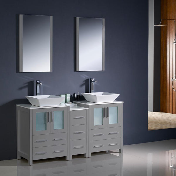 Fresca Torino 60" Gray Modern Double Sink Bathroom Vanity w/ Side Cabinet & Vessel Sinks - Luxe Bathroom Vanities