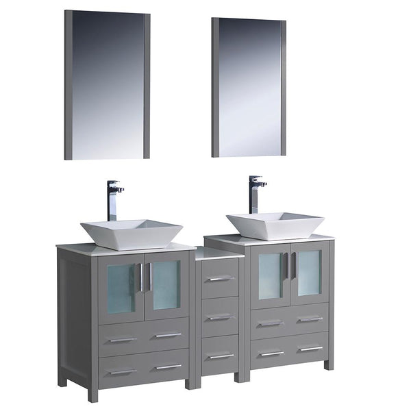 Fresca Torino 60" Gray Modern Double Sink Bathroom Vanity w/ Side Cabinet & Vessel Sinks - Luxe Bathroom Vanities