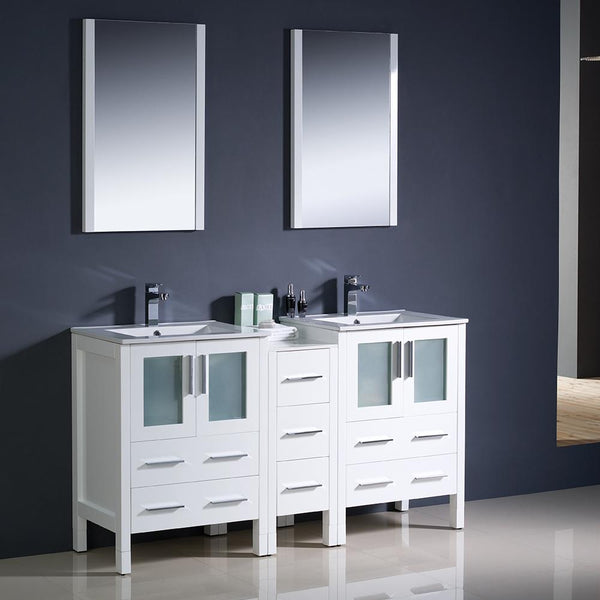 Fresca Torino 60" White Modern Double Sink Bathroom Vanity w/ Side Cabinet & Integrated Sinks - Luxe Bathroom Vanities