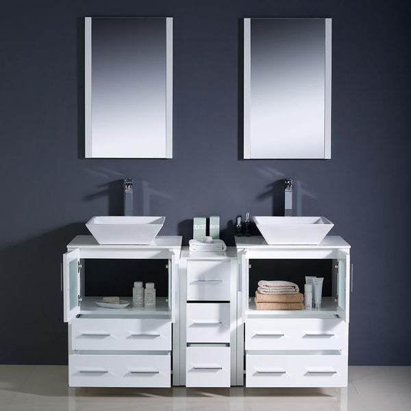Fresca Torino 60" White Modern Double Sink Bathroom Vanity w/ Side Cabinet & Vessel Sinks - Luxe Bathroom Vanities