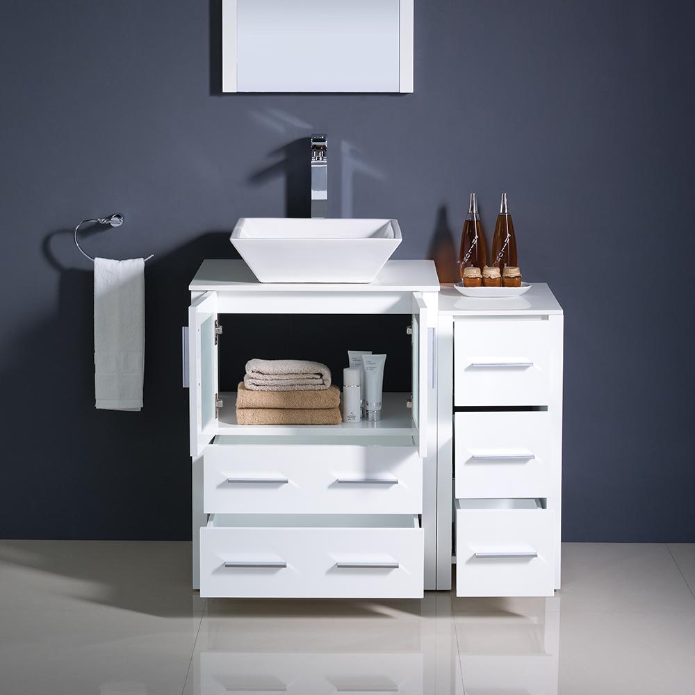 Fresca Torino 36" White Modern Bathroom Vanity w/ Side Cabinet & Vessel Sink - Luxe Bathroom Vanities