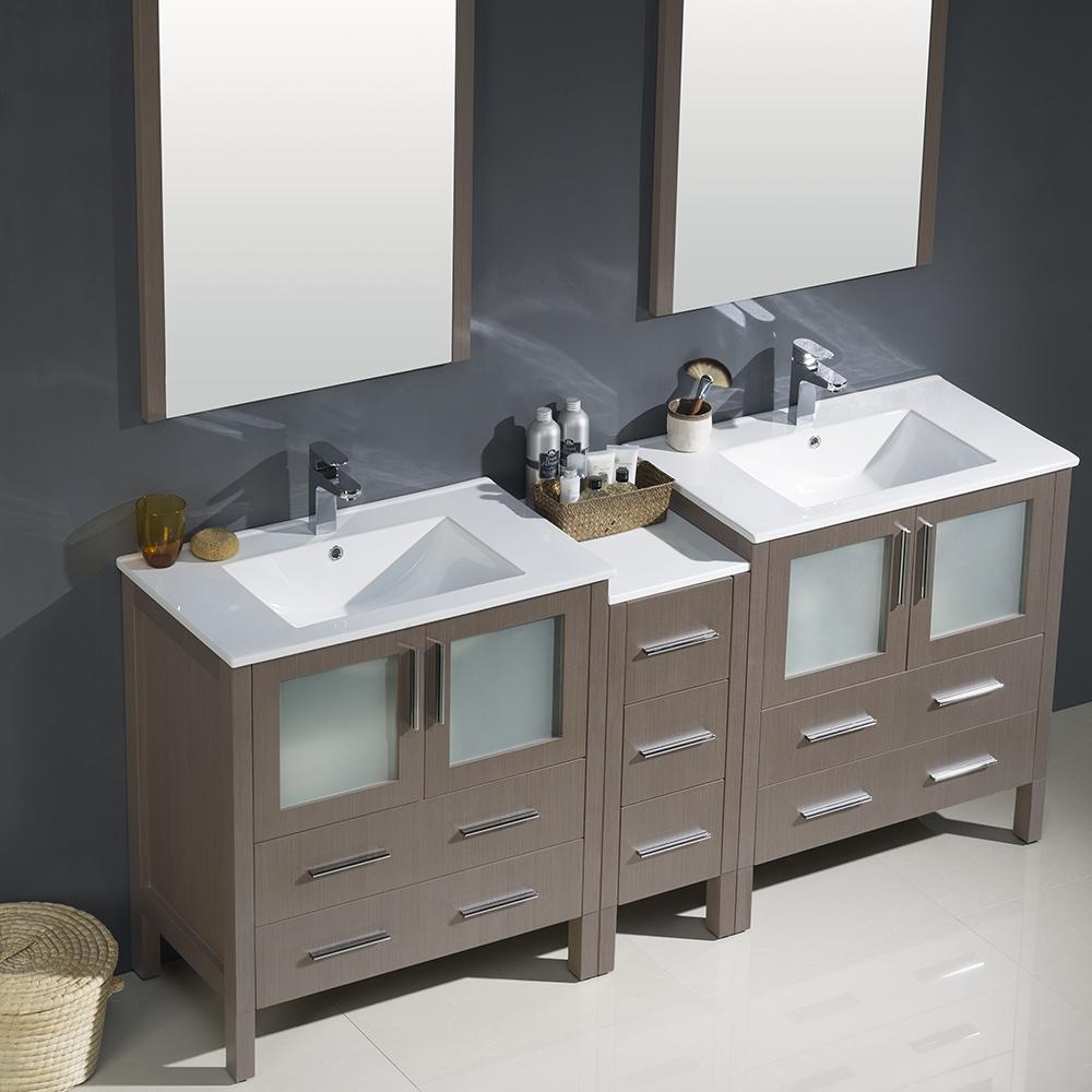 Fresca Torino 72" Gray Oak Modern Double Sink Bathroom Vanity w/ Side Cabinet & Integrated Sinks - Luxe Bathroom Vanities