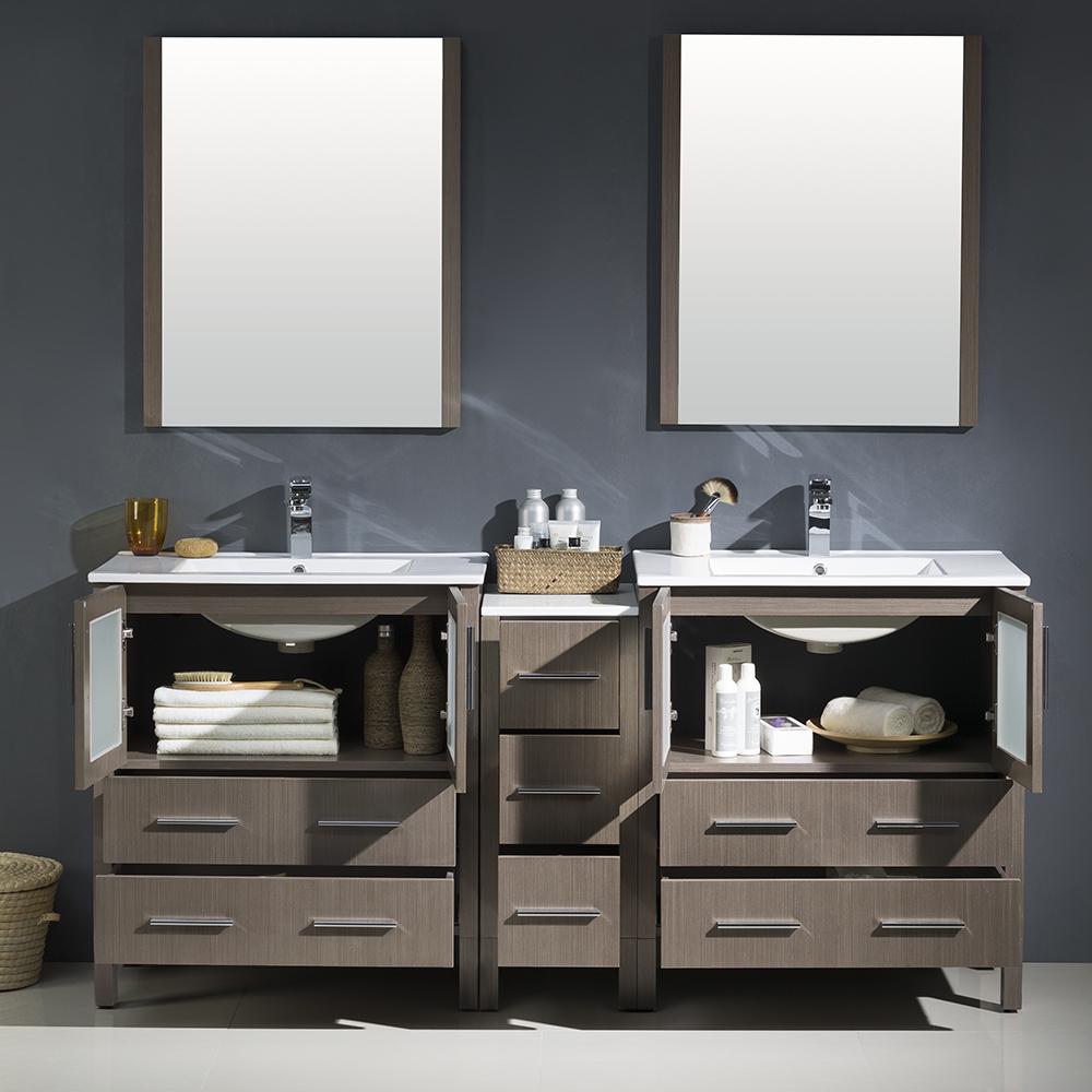 Fresca Torino 72" Gray Oak Modern Double Sink Bathroom Vanity w/ Side Cabinet & Integrated Sinks - Luxe Bathroom Vanities