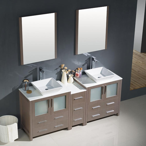 Fresca Torino 72" Gray Oak Modern Double Sink Bathroom Vanity w/ Side Cabinet & Vessel Sinks - Luxe Bathroom Vanities