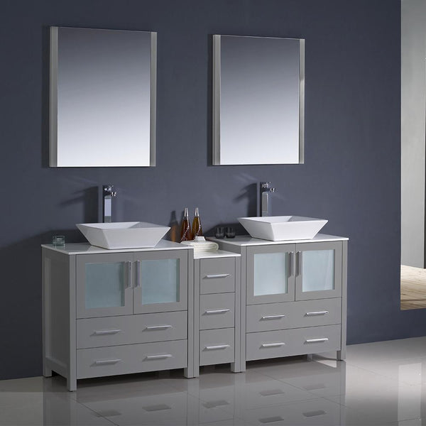 Fresca Torino 72" Gray Modern Double Sink Bathroom Vanity w/ Side Cabinet & Vessel Sinks - Luxe Bathroom Vanities