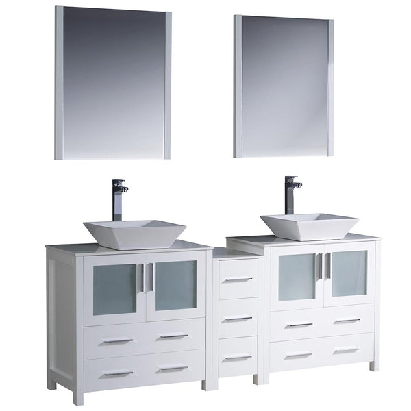 Fresca Torino 72" White Modern Double Sink Bathroom Vanity w/ Side Cabinet & Vessel Sinks - Luxe Bathroom Vanities