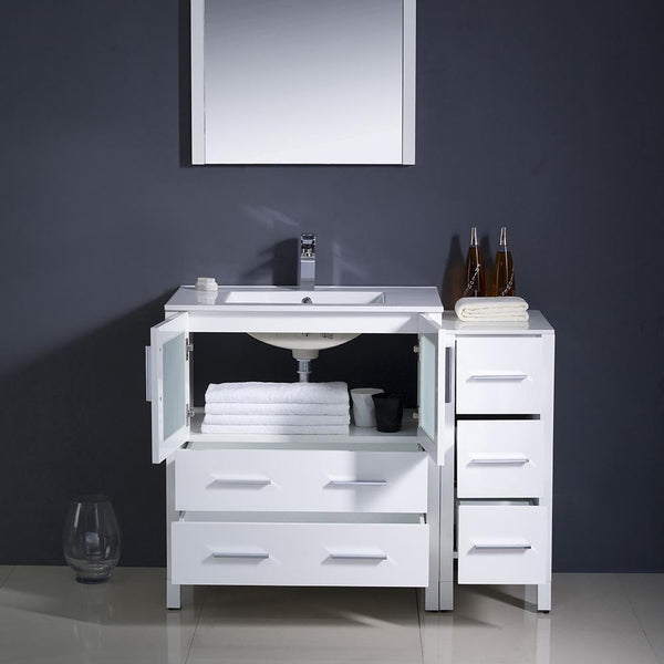 Fresca Torino 42" White Modern Bathroom Vanity w/ Side Cabinet & Integrated Sink - Luxe Bathroom Vanities