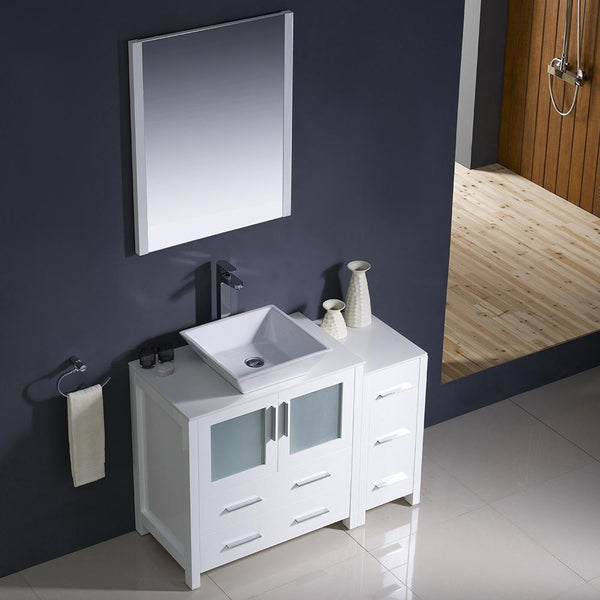 Fresca Torino 42" White Modern Bathroom Vanity w/ Side Cabinet & Vessel Sink - Luxe Bathroom Vanities