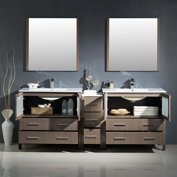 Fresca Torino 84" Gray Oak Modern Double Sink Bathroom Vanity w/ Side Cabinet & Integrated Sinks - Luxe Bathroom Vanities