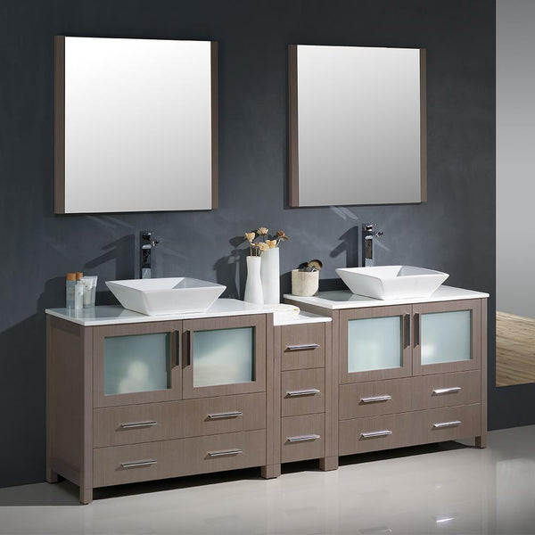Fresca Torino 84" Gray Oak Modern Double Sink Bathroom Vanity w/ Side Cabinet & Vessel Sinks - Luxe Bathroom Vanities