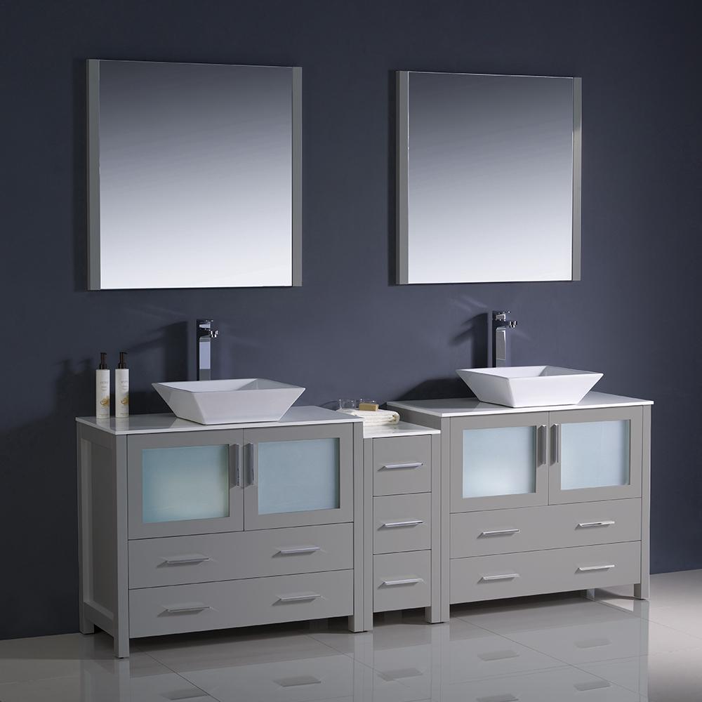 Fresca Torino 84" Gray Modern Double Sink Bathroom Vanity w/ Side Cabinet & Vessel Sinks - Luxe Bathroom Vanities