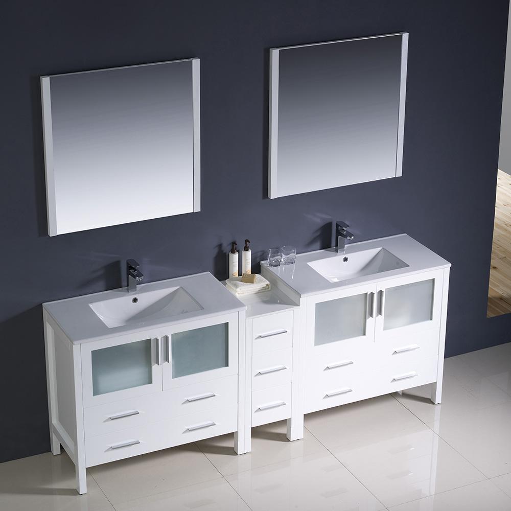 Fresca Torino 84" White Modern Double Sink Bathroom Vanity w/ Side Cabinet & Integrated Sinks - Luxe Bathroom Vanities