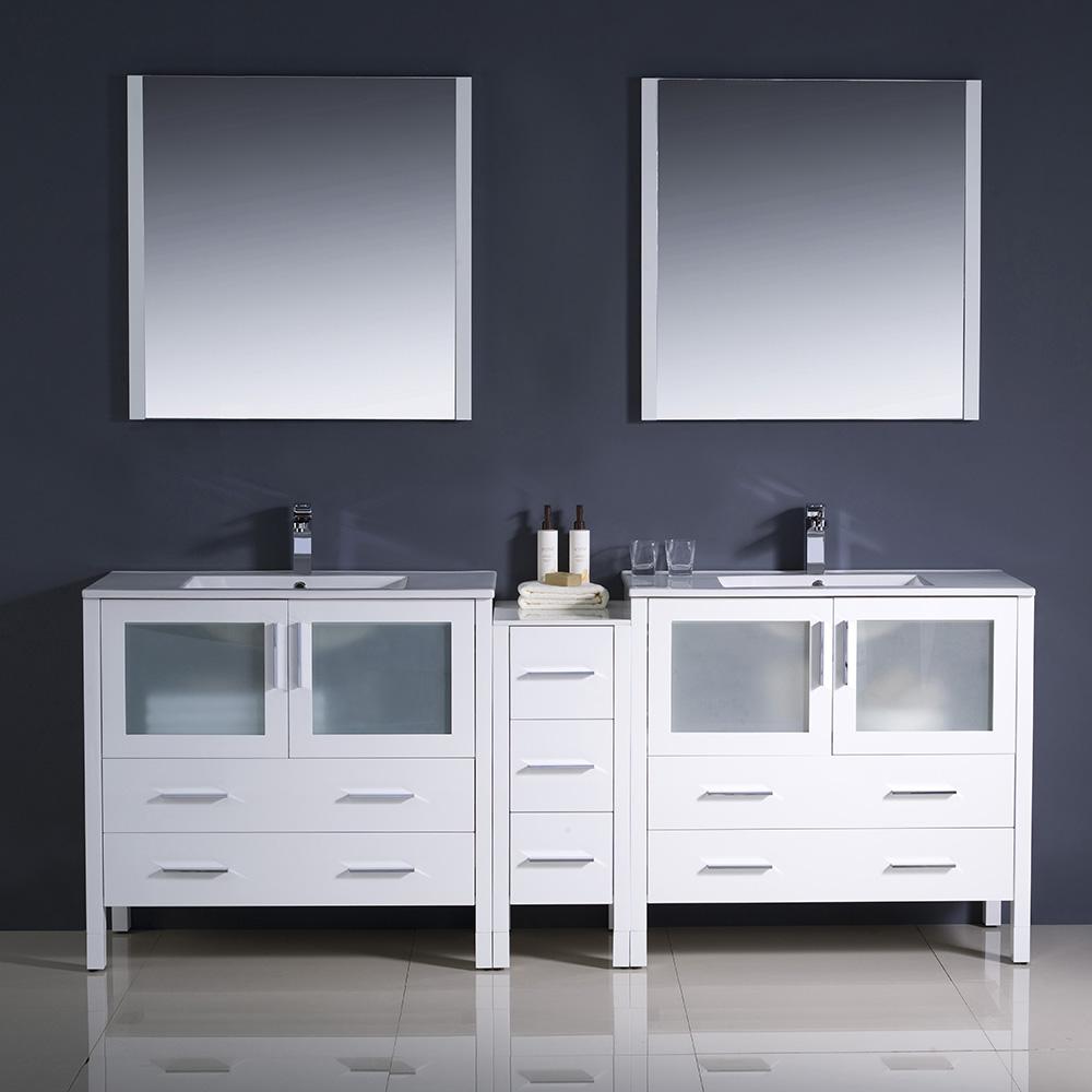 Fresca Torino 84" White Modern Double Sink Bathroom Vanity w/ Side Cabinet & Integrated Sinks - Luxe Bathroom Vanities