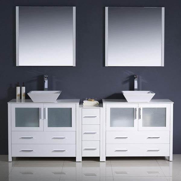 Fresca Torino 84" White Modern Double Sink Bathroom Vanity w/ Side Cabinet & Vessel Sinks - Luxe Bathroom Vanities