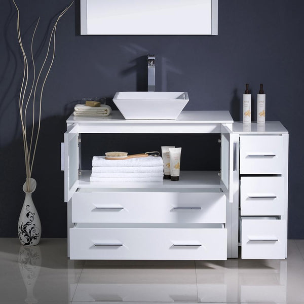 Fresca Torino 48" White Modern Bathroom Vanity w/ Side Cabinet & Vessel Sink - Luxe Bathroom Vanities