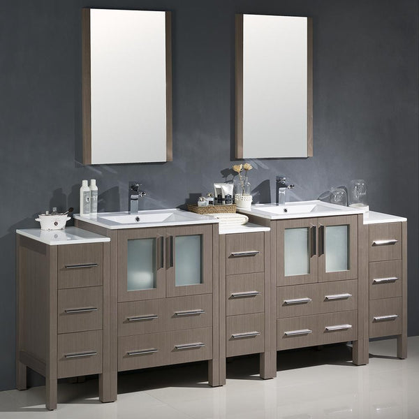 Fresca Torino 84" Gray Oak Modern Double Sink Bathroom Vanity w/ 3 Side Cabinets & Integrated Sinks - Luxe Bathroom Vanities