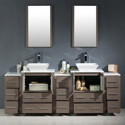 Fresca Torino 84" Gray Oak Modern Double Sink Bathroom Vanity w/ 3 Side Cabinets & Vessel Sinks - Luxe Bathroom Vanities