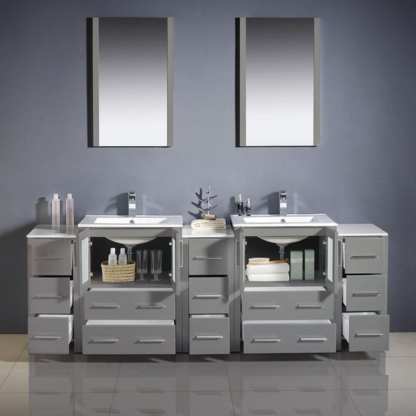 Fresca Torino 84" Gray Modern Double Sink Bathroom Vanity w/ 3 Side Cabinets & Integrated Sinks - Luxe Bathroom Vanities