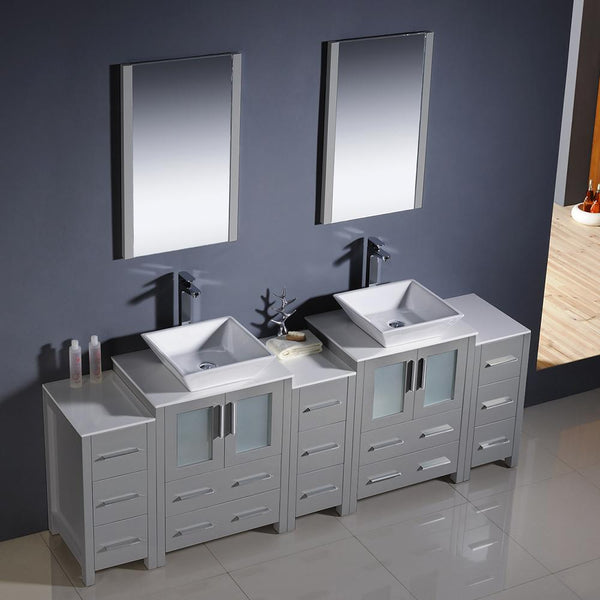 Fresca Torino 84" Gray Modern Double Sink Bathroom Vanity w/ 3 Side Cabinets & Vessel Sinks - Luxe Bathroom Vanities