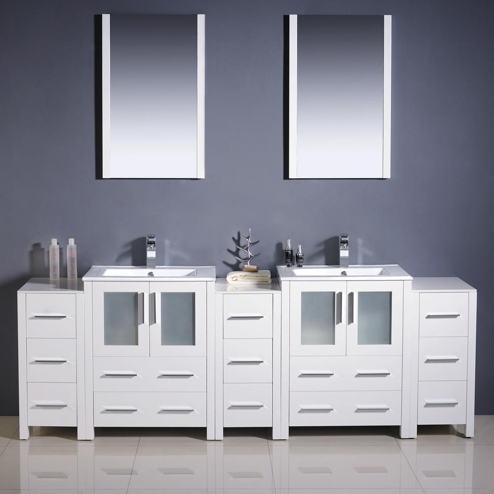 Fresca Torino 84" White Modern Double Sink Bathroom Vanity w/ 3 Side Cabinets & Integrated Sinks - Luxe Bathroom Vanities