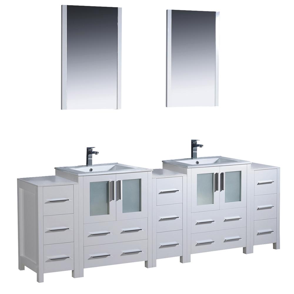 Fresca Torino 84" White Modern Double Sink Bathroom Vanity w/ 3 Side Cabinets & Integrated Sinks - Luxe Bathroom Vanities