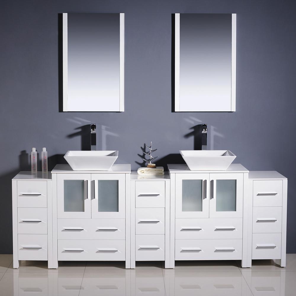 Fresca Torino 84" White Modern Double Sink Bathroom Vanity w/ 3 Side Cabinets & Vessel Sinks - Luxe Bathroom Vanities