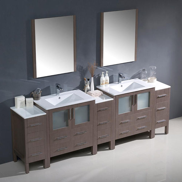 Fresca Torino 96" Gray Oak Modern Double Sink Bathroom Vanity w/ 3 Side Cabinets & Integrated Sinks - Luxe Bathroom Vanities