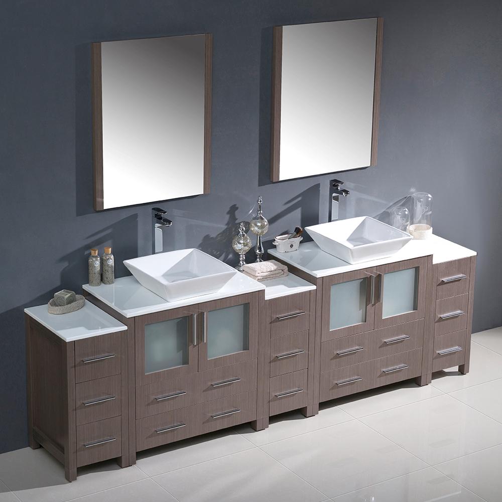 Fresca Torino 96" Gray Oak Modern Double Sink Bathroom Vanity w/ 3 Side Cabinets & Vessel Sinks - Luxe Bathroom Vanities