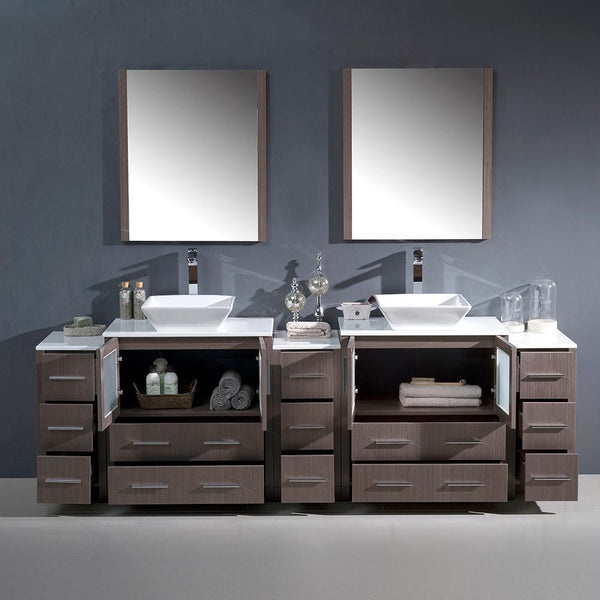 Fresca Torino 96" Gray Oak Modern Double Sink Bathroom Vanity w/ 3 Side Cabinets & Vessel Sinks - Luxe Bathroom Vanities