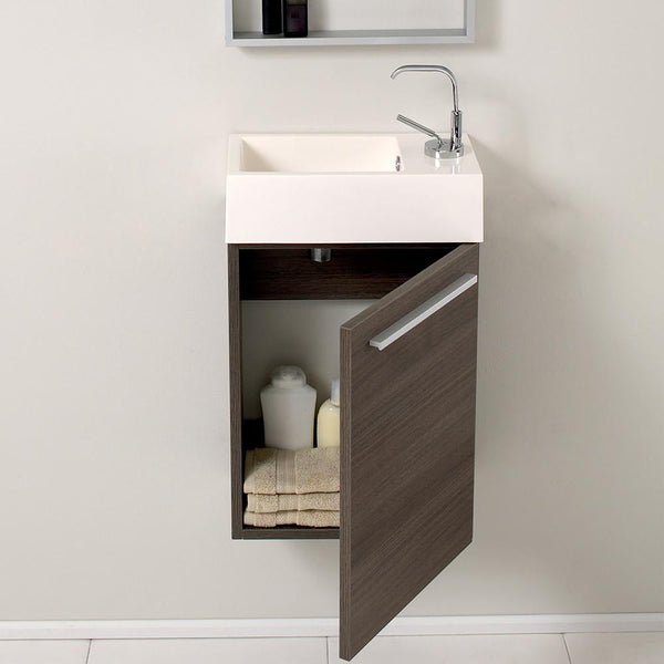 Fresca Pulito 16" Small Gray Oak Modern Bathroom Vanity w/ Tall Mirror - Luxe Bathroom Vanities