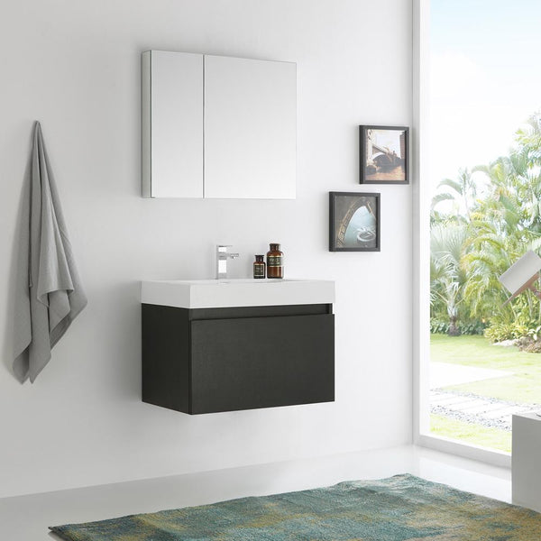 Fresca Mezzo 30" Black Wall Hung Modern Bathroom Vanity w/ Medicine Cabinet - Luxe Bathroom Vanities