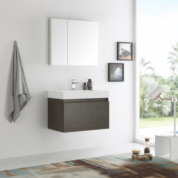 Fresca Mezzo 30" Gray Oak Wall Hung Modern Bathroom Vanity w/ Medicine Cabinet - Luxe Bathroom Vanities