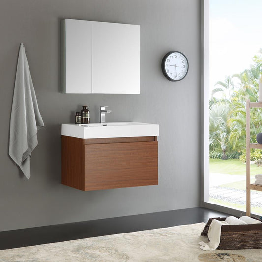 Fresca Mezzo 30" Teak Wall Hung Modern Bathroom Vanity w/ Medicine Cabinet - Luxe Bathroom Vanities