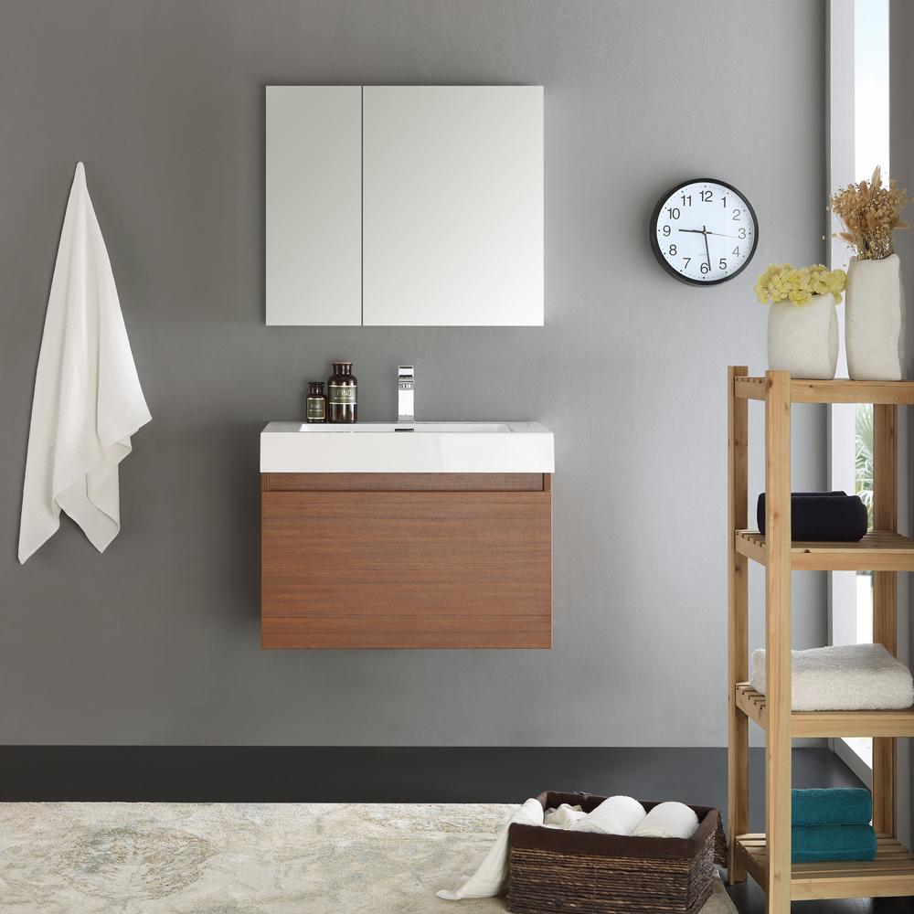 Fresca Mezzo 30" Teak Wall Hung Modern Bathroom Vanity w/ Medicine Cabinet - Luxe Bathroom Vanities