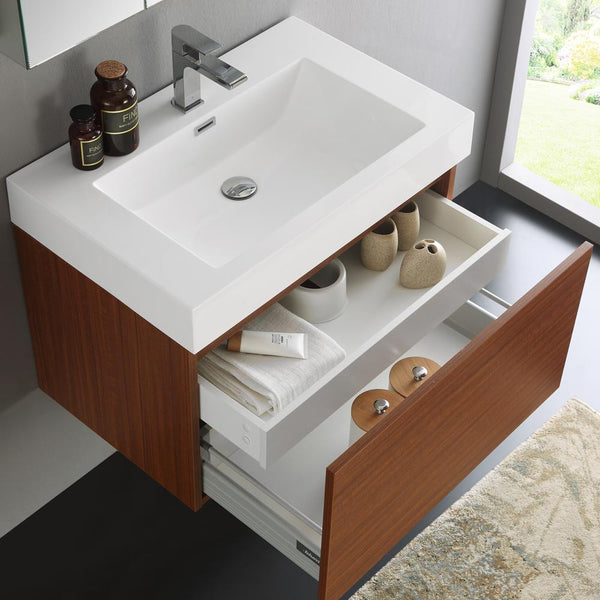 Fresca Mezzo 30" Teak Wall Hung Modern Bathroom Vanity w/ Medicine Cabinet - Luxe Bathroom Vanities