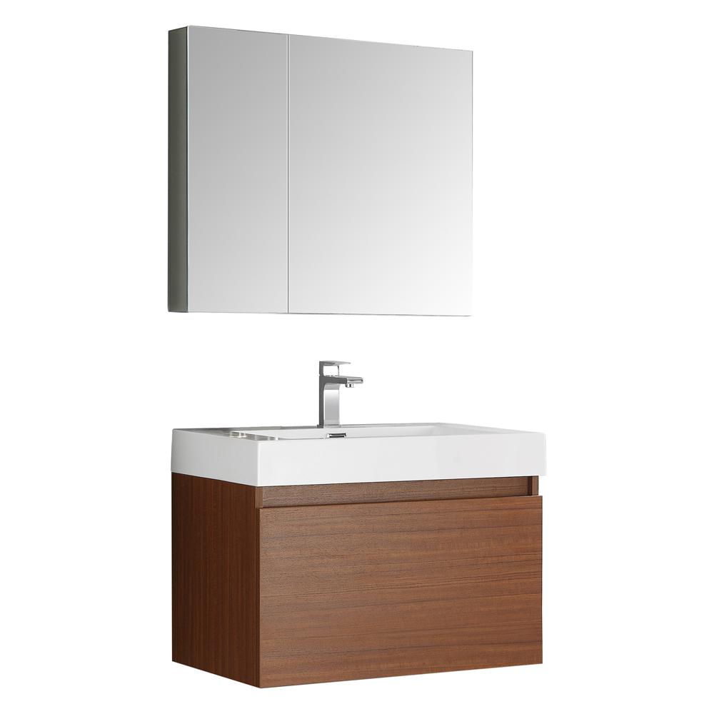 Fresca Mezzo 30" Teak Wall Hung Modern Bathroom Vanity w/ Medicine Cabinet - Luxe Bathroom Vanities