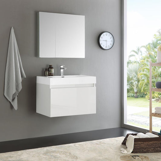 Fresca Mezzo 30" White Wall Hung Modern Bathroom Vanity w/ Medicine Cabinet - Luxe Bathroom Vanities