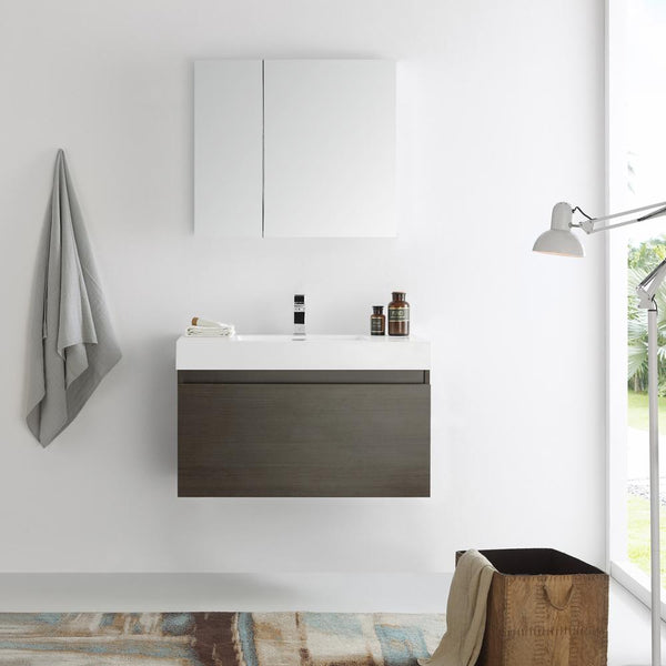 Fresca Mezzo 36" Gray Oak Wall Hung Modern Bathroom Vanity w/ Medicine Cabinet - Luxe Bathroom Vanities