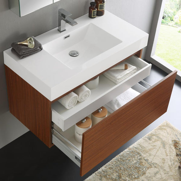 Fresca Mezzo 36" Teak Wall Hung Modern Bathroom Vanity w/ Medicine Cabinet - Luxe Bathroom Vanities