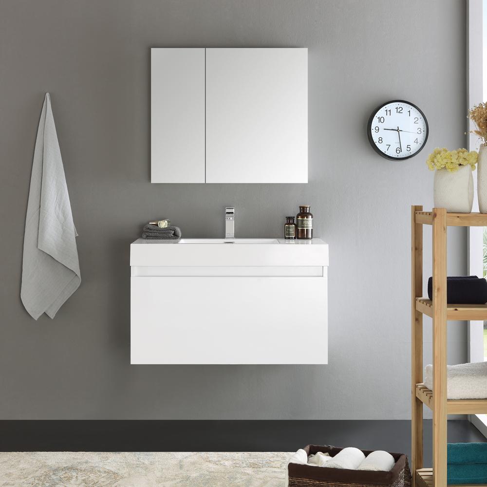 Fresca Mezzo 36" White Wall Hung Modern Bathroom Vanity w/ Medicine Cabinet - Luxe Bathroom Vanities