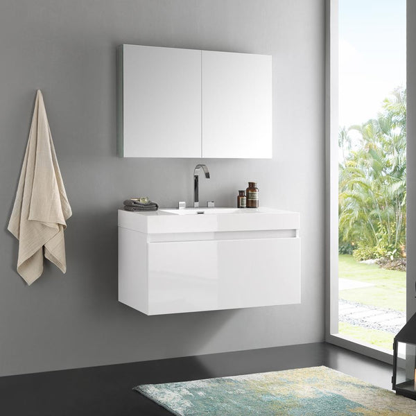 Fresca Mezzo 39" White Modern Bathroom Vanity w/ Medicine Cabinet - Luxe Bathroom Vanities